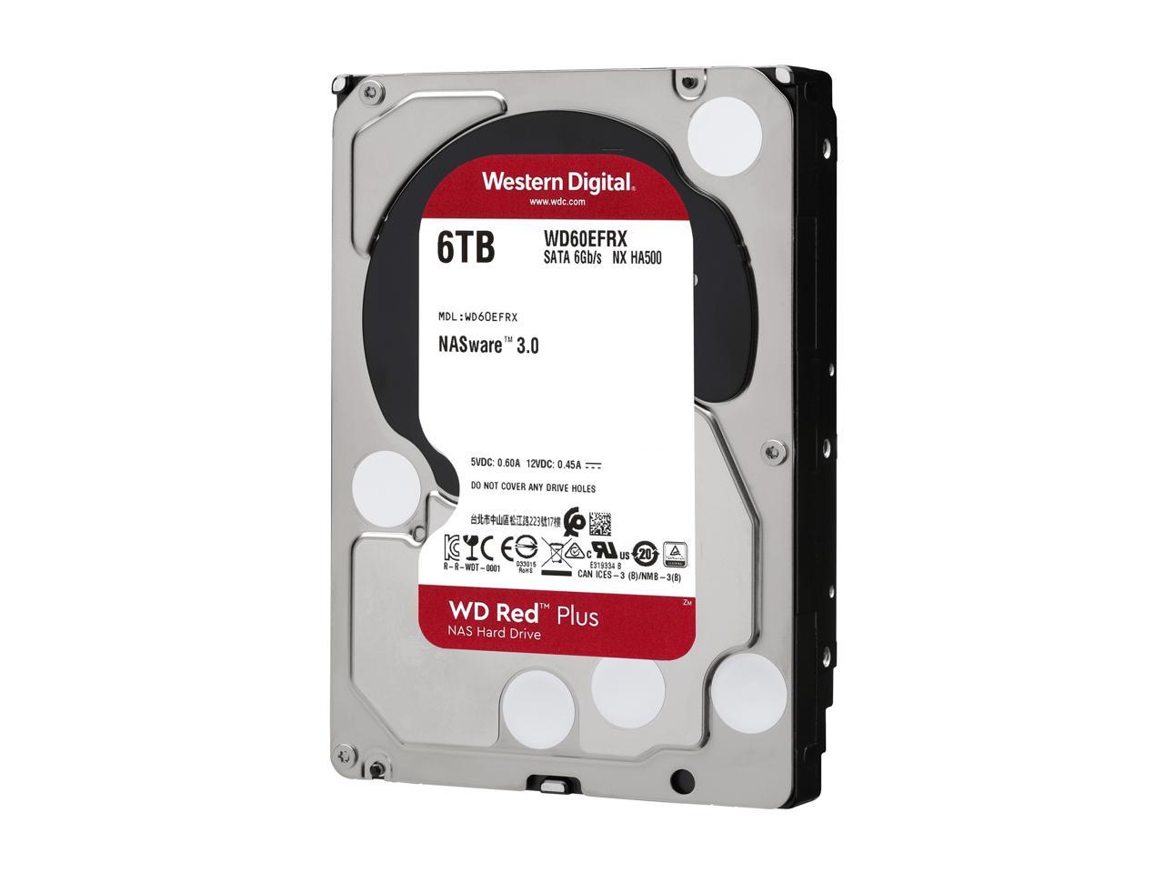 WD Red Plus 6TB NAS Hard Disk Drive - 5400 RPM Class SATA 6Gb/s, CMR, 64MB Cache, 3.5 Inch - WD60EFRX