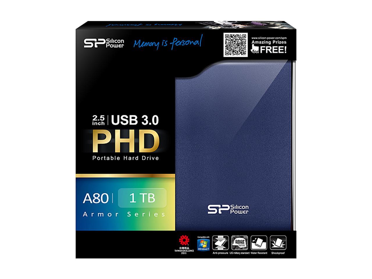 Silicon Power 1TB Armor A80 Portable Hard Drive USB 3.0 Model SP010TBPHDA80S3B Blue
