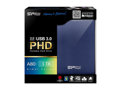 Silicon Power 1TB Armor A80 Portable Hard Drive USB 3.0 Model SP010TBPHDA80S3B Blue
