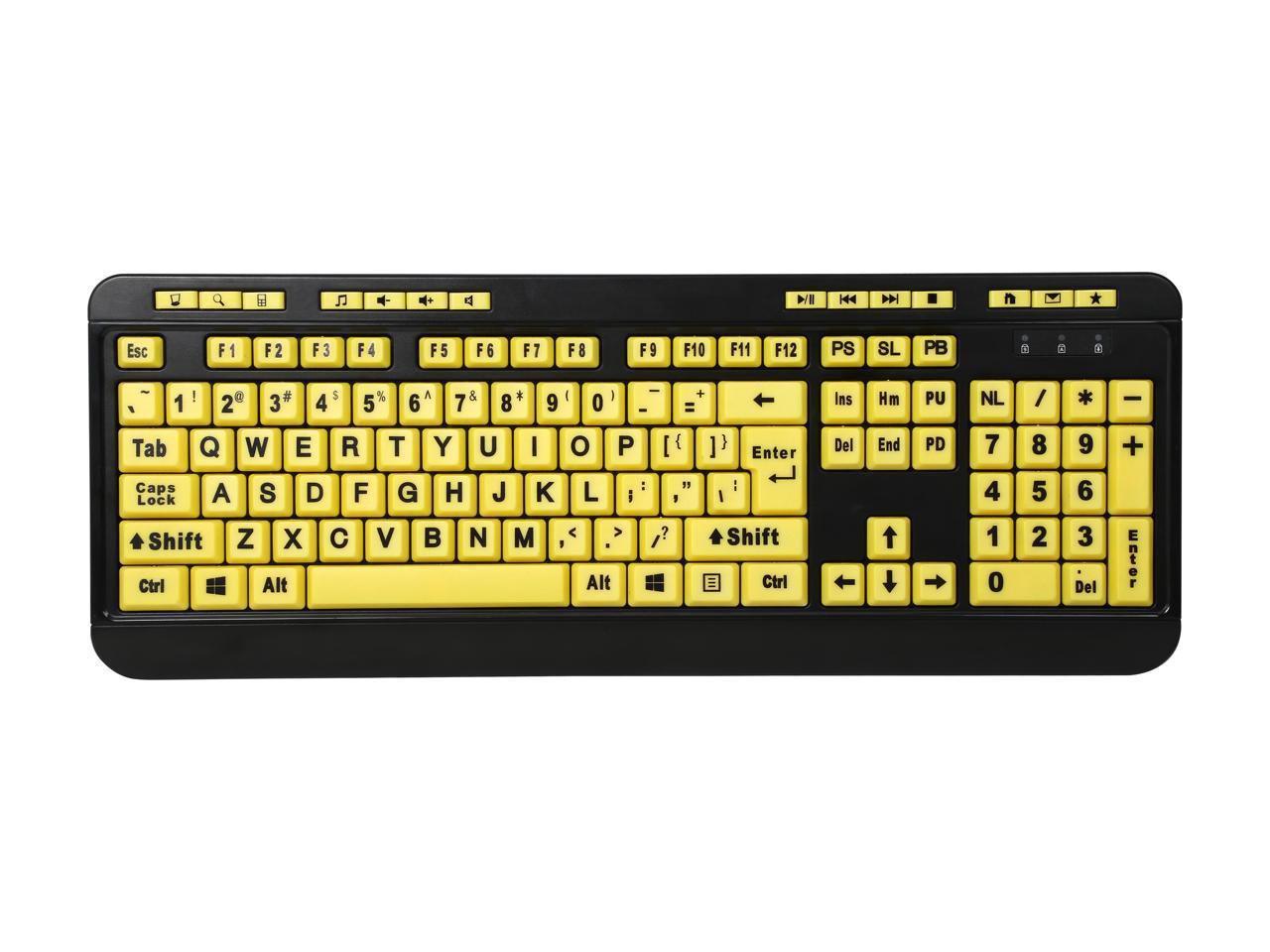Adesso AKB-132UY EasyView Luminouse high contract 4X large print yellow keycap, multimedia USB keyboard, for low vision