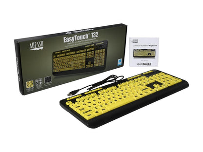 Adesso AKB-132UY EasyView Luminouse high contract 4X large print yellow keycap, multimedia USB keyboard, for low vision