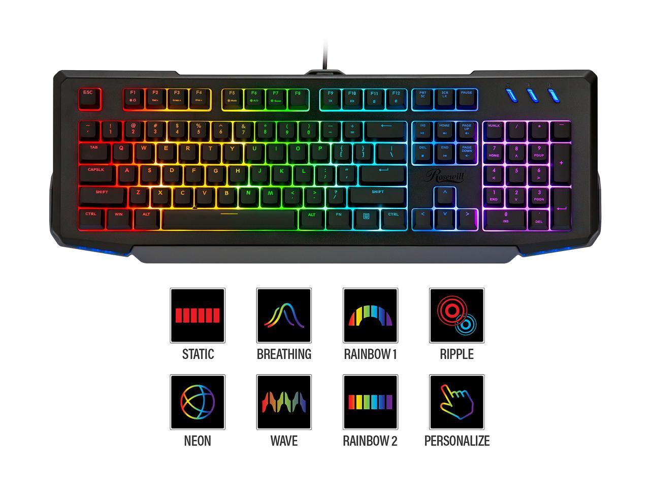 Rosewill NEON K42 RGB Membrane Mechanical Gaming Keyboard, 26-Key Anti-Ghosting, 6 Multimedia Hotkeys, 8 LED Backlit Modes
