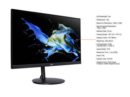 Acer CB242Y bmirx 24" (23.8" Viewable) Full HD 1920 x 1080 IPS AMD FreeSync 1ms 75Hz VGA, HDMI, Speaker Height Adjustable Gaming Monitor