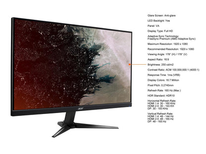 Acer QG241Y Pbmiipx 24" (23.8" Viewable) Full HD 1920 x 1080 165Hz 1ms (VRB) HDR10 2 x HDMI, DisplayPort, Built-in Speakers Freesync Premium Gaming Monitor