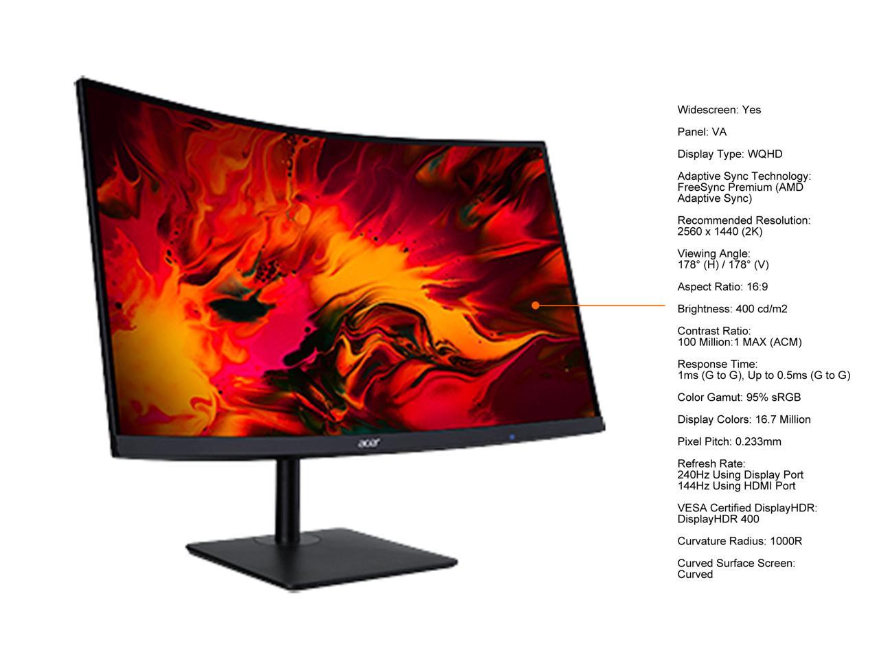 Acer Nitro XZ3 XZ273U Xbmiiphx 27" WQHD 2560 x 1440 (2K) 240Hz (Using Display Port), 1ms (GtG) - Up to 0.5ms (GtG), HDMI, DisplayPort, Audio FreeSync Premium Built-in Speakers Curved Gaming Monitor
