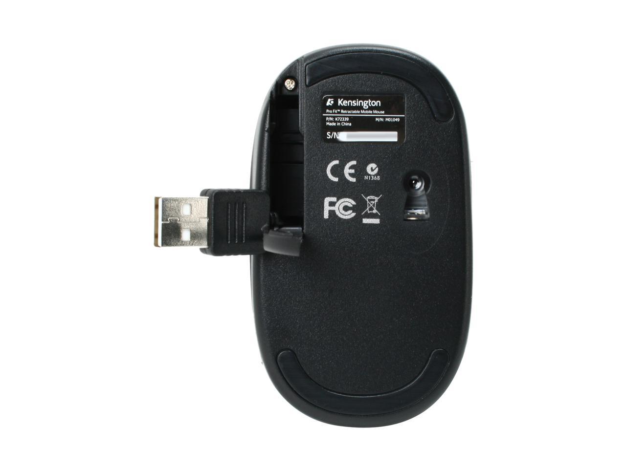 Kensington Pro Fit Black 3 Buttons 1 x Wheel USB Wired Optical Retractable Mobile Mouse - OEM