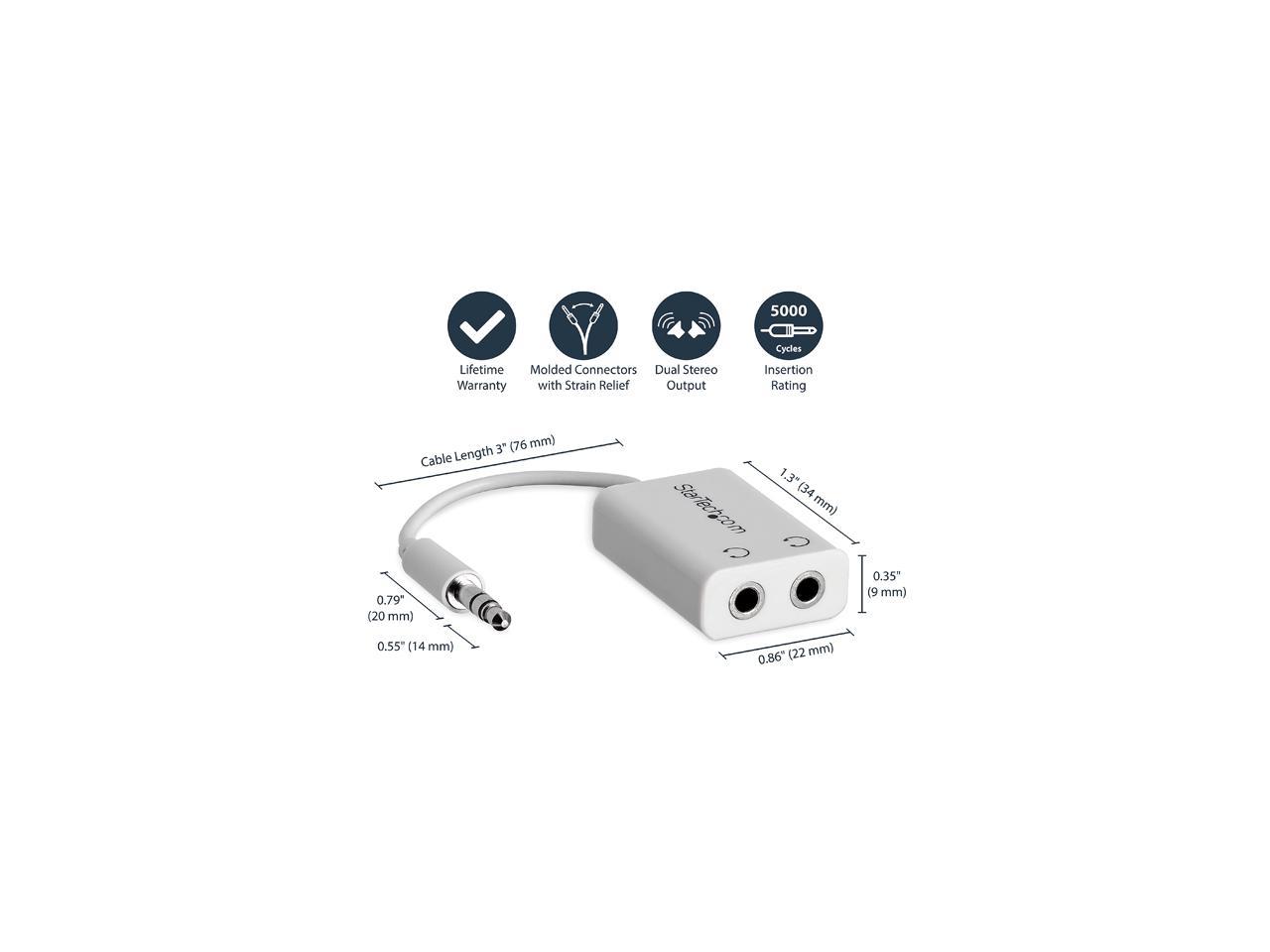 StarTech.com MUY1MFFADPW White Slim Mini Jack Headphone Splitter Cable Adapter - 3.5mm Male to 2x 3.5mm Female Male to Female