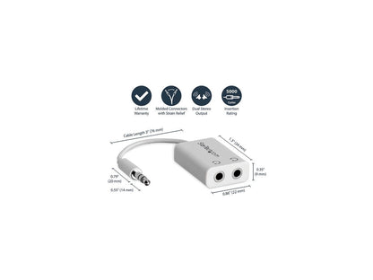 StarTech.com MUY1MFFADPW White Slim Mini Jack Headphone Splitter Cable Adapter - 3.5mm Male to 2x 3.5mm Female Male to Female