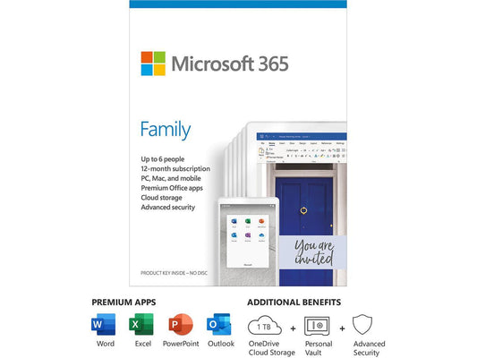 Microsoft 365 Family | 12-Month Subscription, up to 6 people | Premium Office apps | 1TB OneDrive cloud storage | PC/Mac Keycard