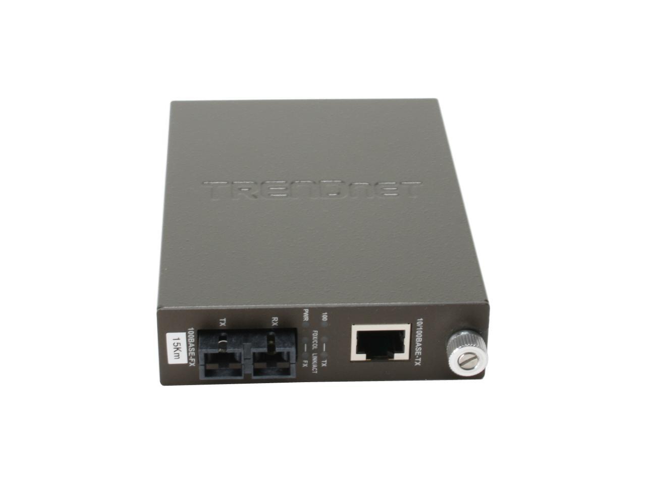TRENDnet TFC-110S15 100Base-TX to 100Base-FX Single Mode SC Fiber Converter (15KM, 9.3Miles) 100Mbps (half-duplex) 200Mbps (full-duplex) 1 x 10/100Base-TX 1 x 100Base-FX (SC-type)