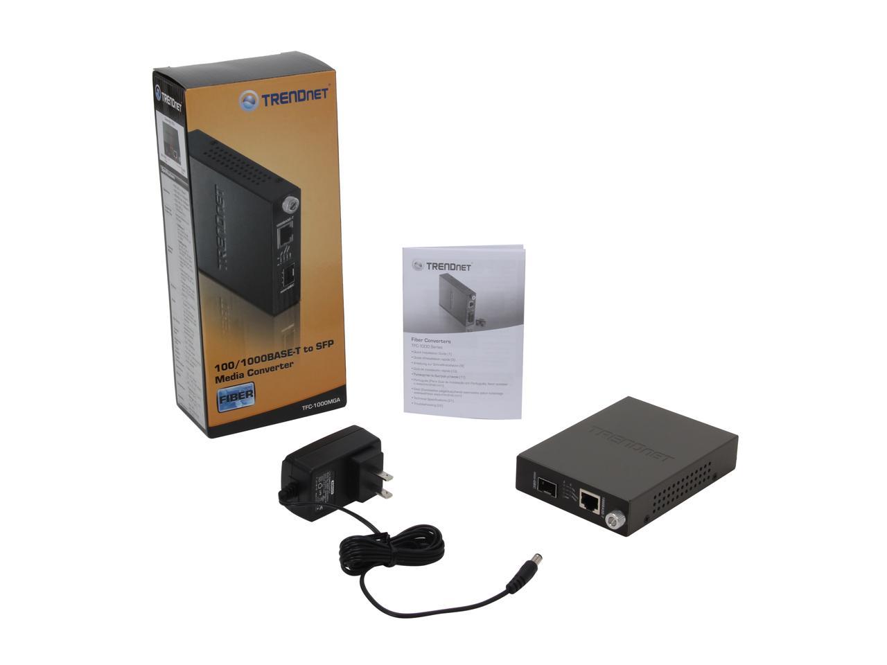 TRENDnet TFC-1000MGA 100/1000BASE-T to SFP Media Converter 1 x 10/100/1000Mbps Gigabit port 1 x 100/1000Base-SX/LX Mini-GBIC slot for optional Mini-GBIC modules