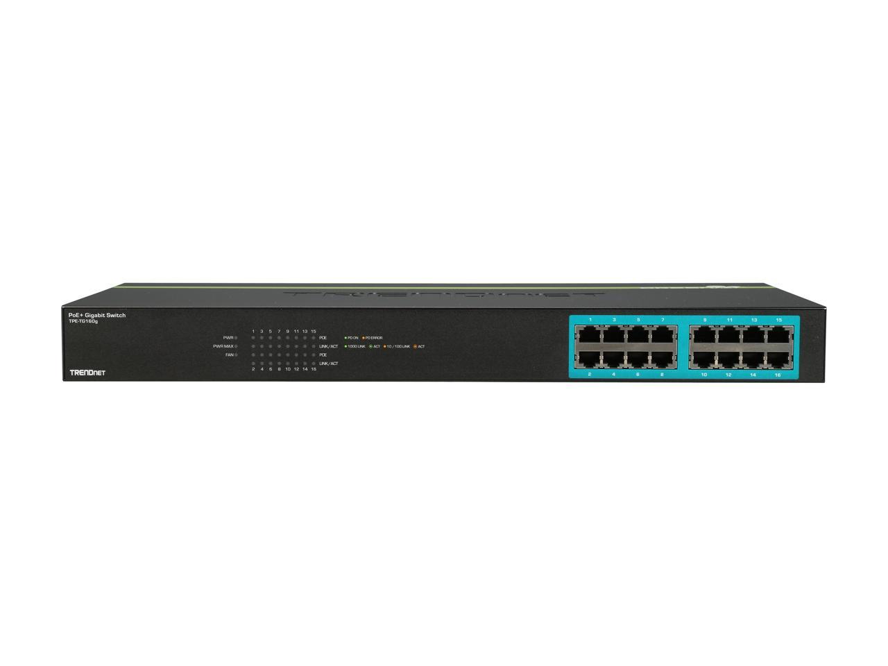 TRENDnet TPE-TG160g 16-port gigabit PoE+ Switch. Limited Life Time Warranty