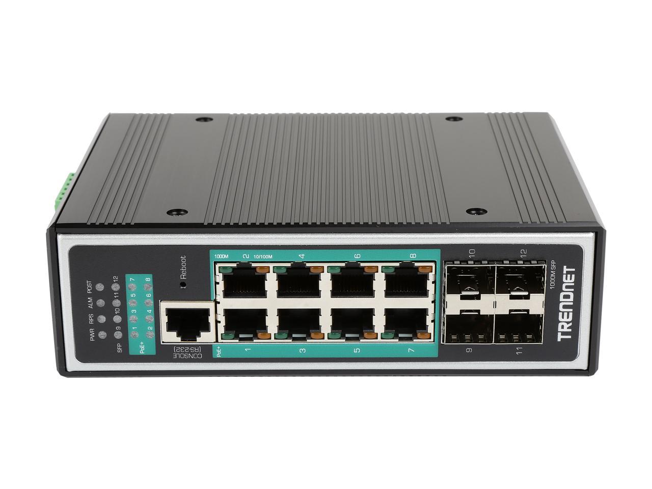 TRENDnet TI-PG1284i 12-Port Industrial Gigabit L2 Managed PoE+ DIN-Rail Switch