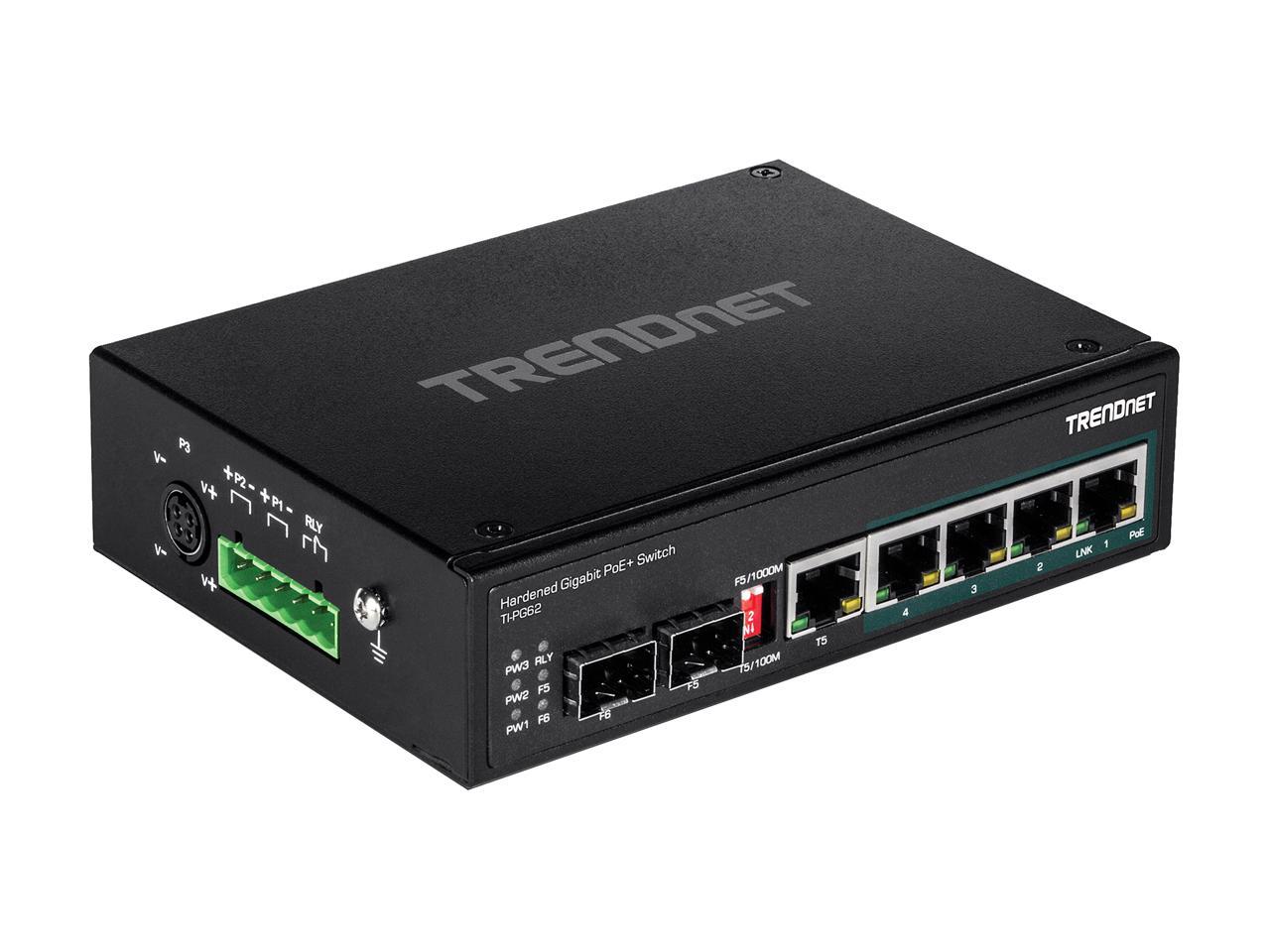 TRENDnet TI-PG62 6-Port Hardened Industrial Gigabit PoE+ DIN-Rail Switch Limited Lifetime Warranty