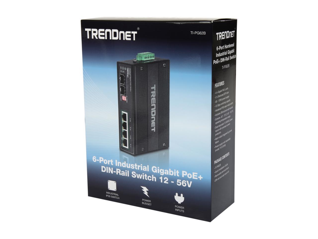 TrendNet TI-PG62B 6-Port Industrial Gigabit PoE+ DIN-Rail Switch 12-56V Limited Lifetime Warranty