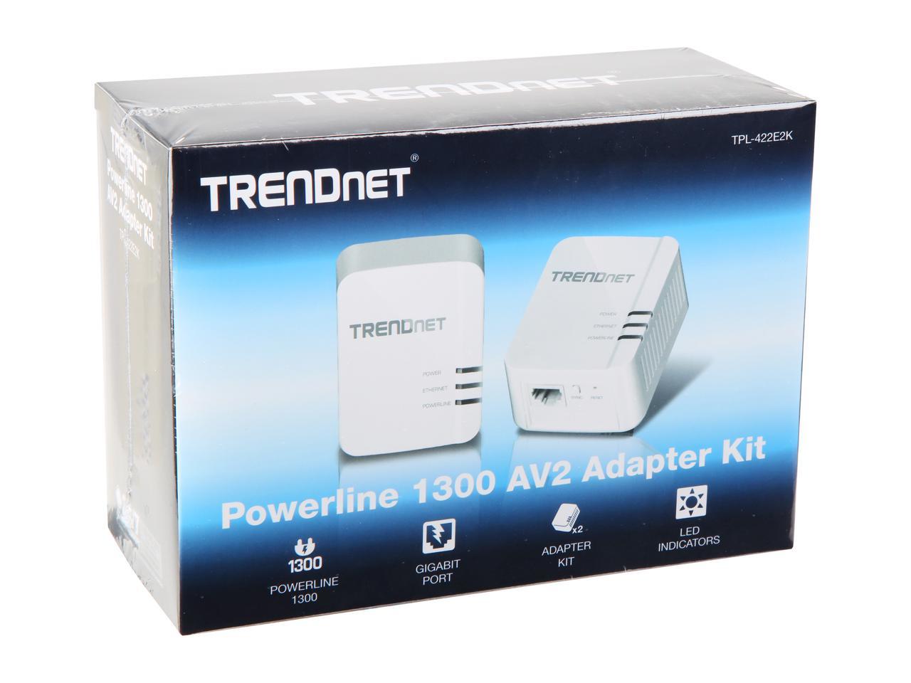 TRENDnet TPL-422E2K Powerline 1300 AV2 Adapter, IEEE 1905.1 & IEEE 1901, Gigabit Port (2-Pack)