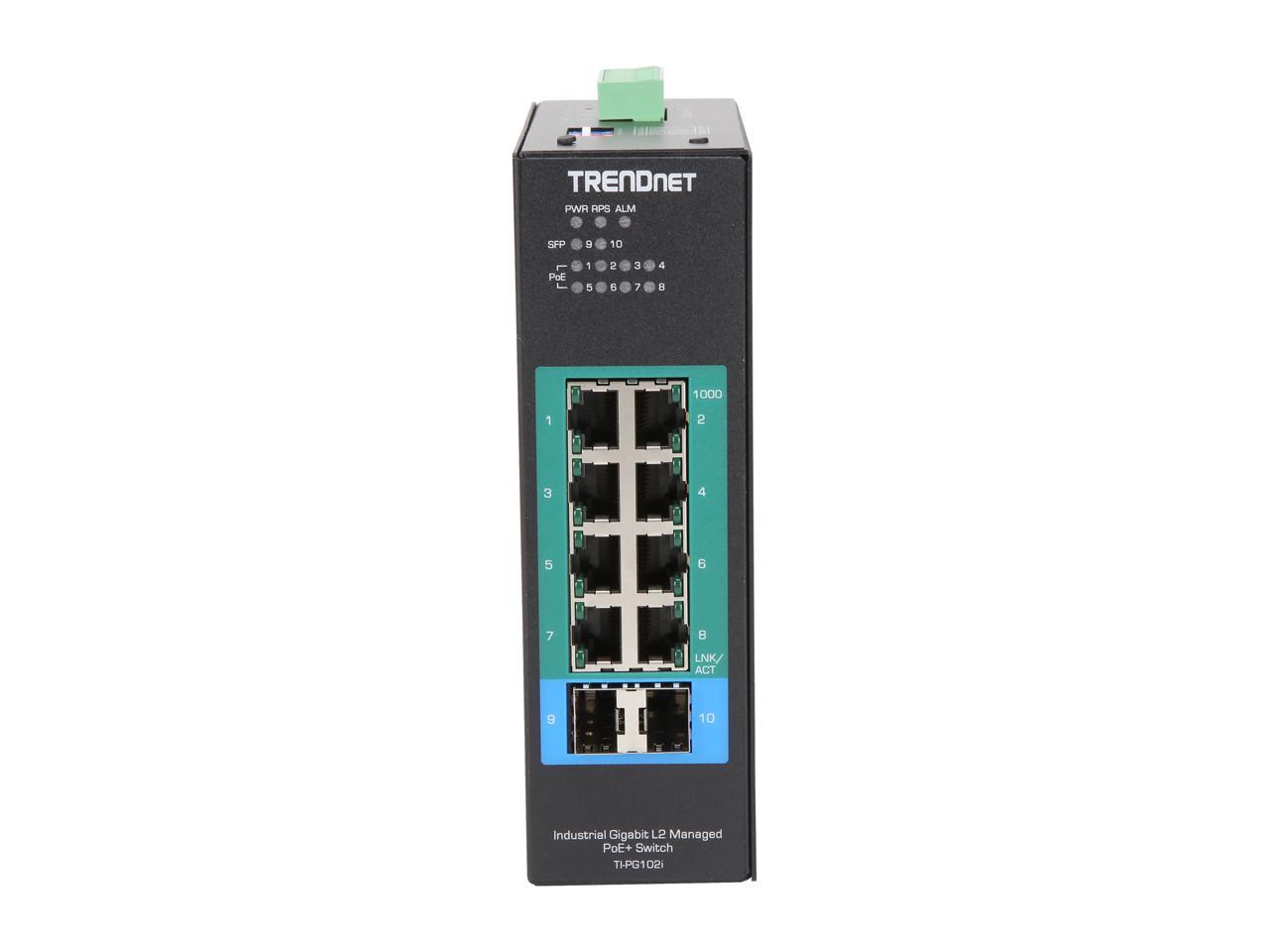 TRENDnet TI-PG102i 10-Port Industrial Gigabit L2 Managed PoE+ DIN-Rail Switch 24-57V