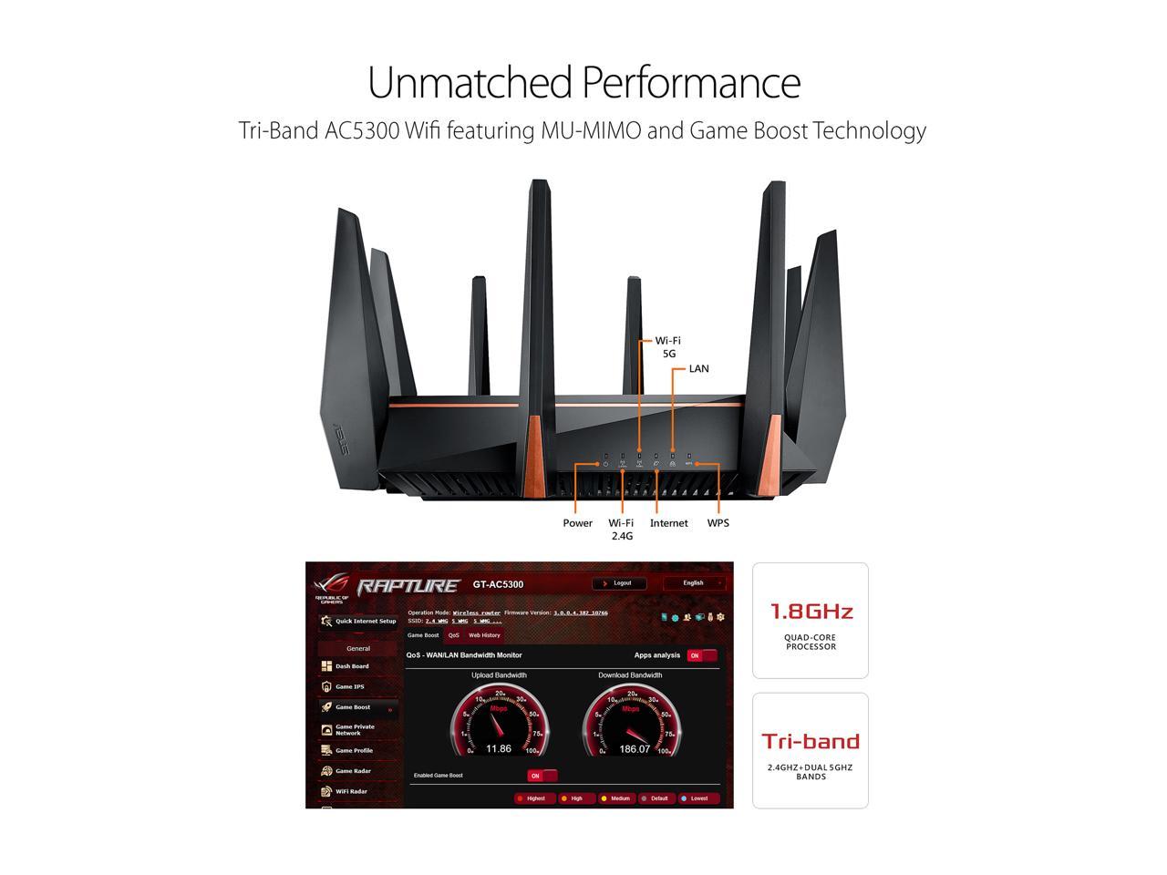 ASUS Gaming Router Tri-band Wi-Fi (Up to 5334 Mbps) for VR & 4K Streaming, 1.8GHz Quad-Core Processor, Gaming Port, Whole Home Mesh System, & AiProtection Network with 8xGigabit LAN Ports (GT-AC5300)