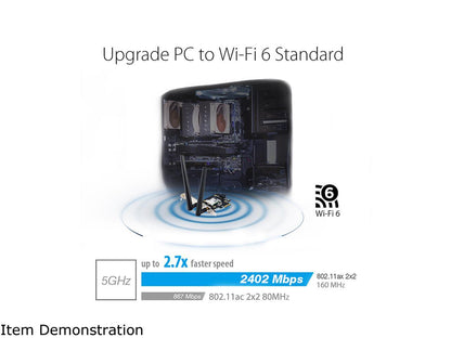 ASUS PCE-AX3000 WiFi 6 (802.11ax) Adapter with 2 External Antennas. Supporting 160MHz for Total Data Rate up to 3000Mbps, Bluetooth 5.0, WPA3 Network Security, OFDMA and MU-MIMO