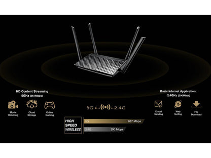 ASUS RT-ACRH12 AC1200 Dual Band WiFi Router with Gigabit LAN ports, 4 Gb LAN ports, VPN, MU-MIMO, Gaming, 4K Streaming, Parental Control