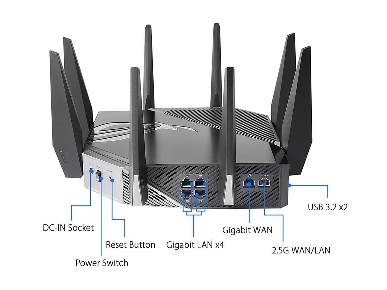 ASUS WiFi 6E Gaming Router (ROG Rapture GT-AXE11000) - Tri-Band 10 Gigabit Wireless Router, World's First 6GHz Band for Wider Channels & Higher Capacity, 1.8GHz Quad-Core processor, 2.5G Port, Gaming & Streaming