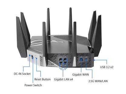 ASUS WiFi 6E Gaming Router (ROG Rapture GT-AXE11000) - Tri-Band 10 Gigabit Wireless Router, World's First 6GHz Band for Wider Channels & Higher Capacity, 1.8GHz Quad-Core processor, 2.5G Port, Gaming & Streaming
