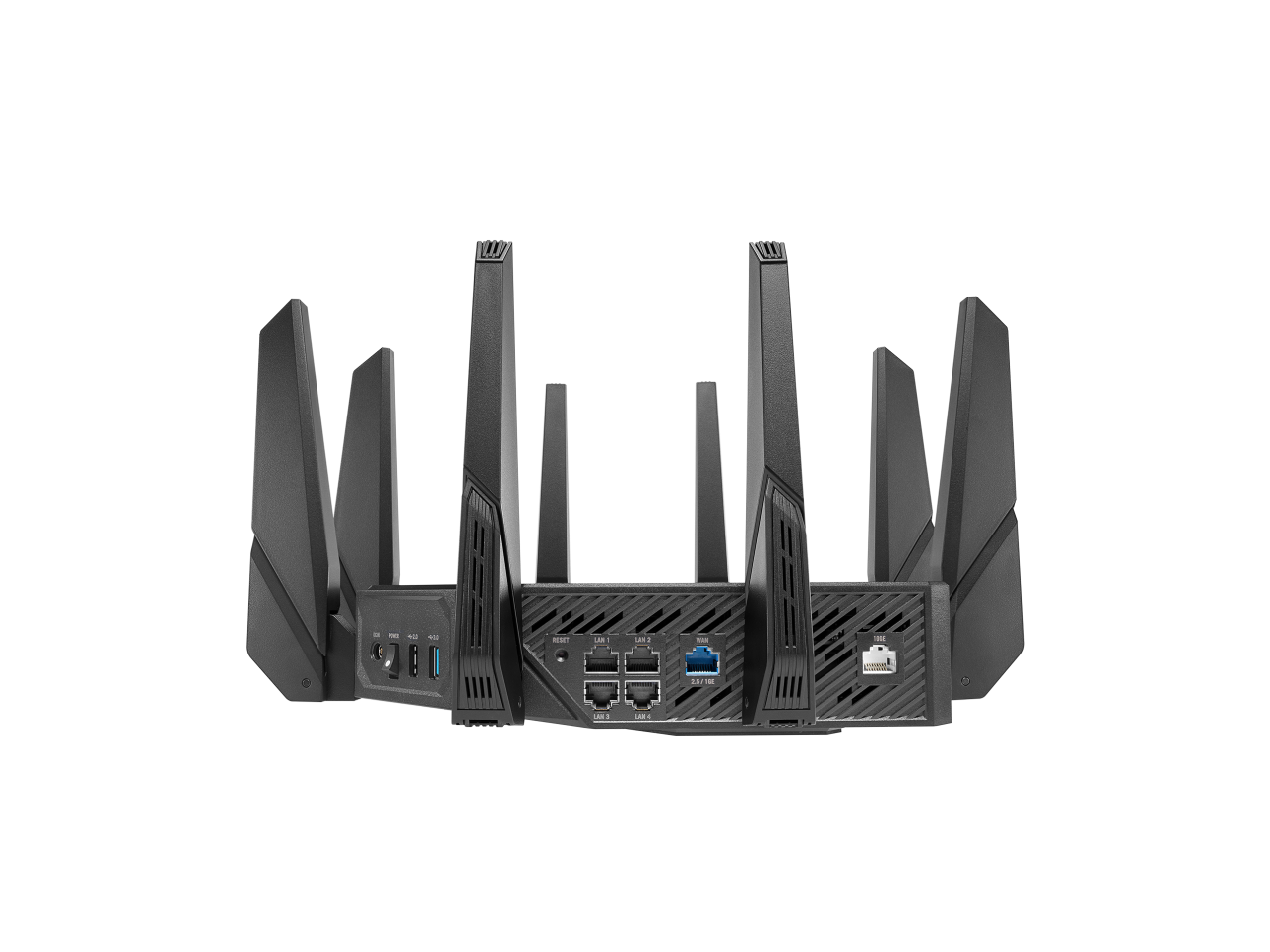 ASUS ROG Rapture GT-AX11000 Pro Tri-Band WiFi 6 gaming router, 2.5G port, 10G port, Quad-core 2.0 GHz CPU, ASUS RangeBoost Plus, UNII4, Triple-level game acceleration, Lifetime internet security, and AiMesh support