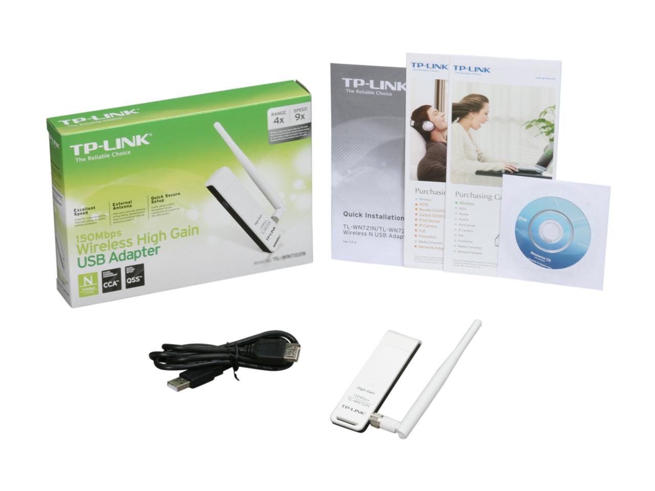 TP-LINK TL-WN722N Wireless N150 High Gain USB Adapter, 150Mbps, w/4 dBi High Gain Detachable Antenna, IEEE 802.11b/g/n, WEP, WPA/WPA2