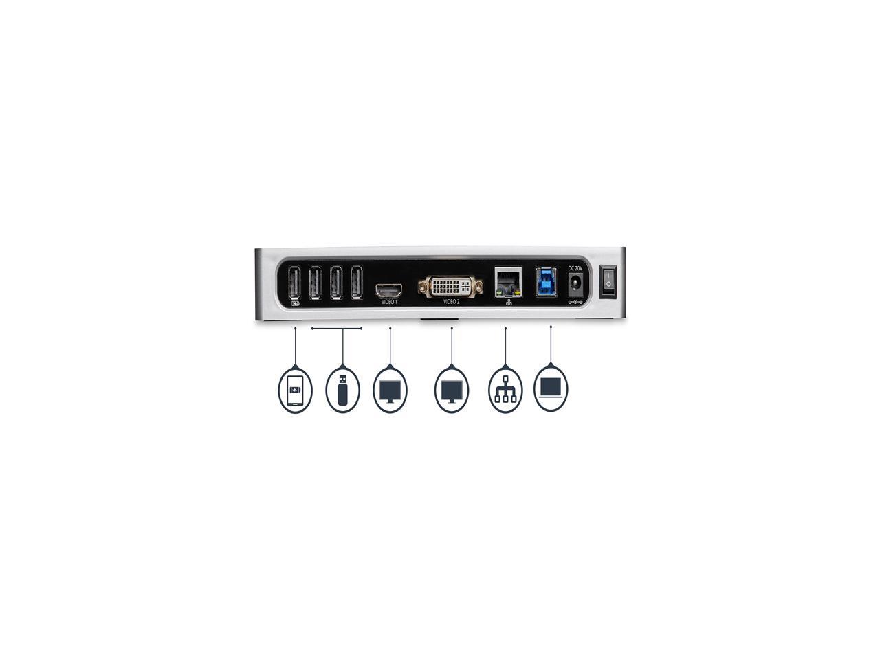 StarTech.com DK30ADD USB 3.0 Dual Monitor Docking Station / Mac & Windows / USB to HDMI / USB to VGA or DVI / Port Replicator / 6 x USB 3.0