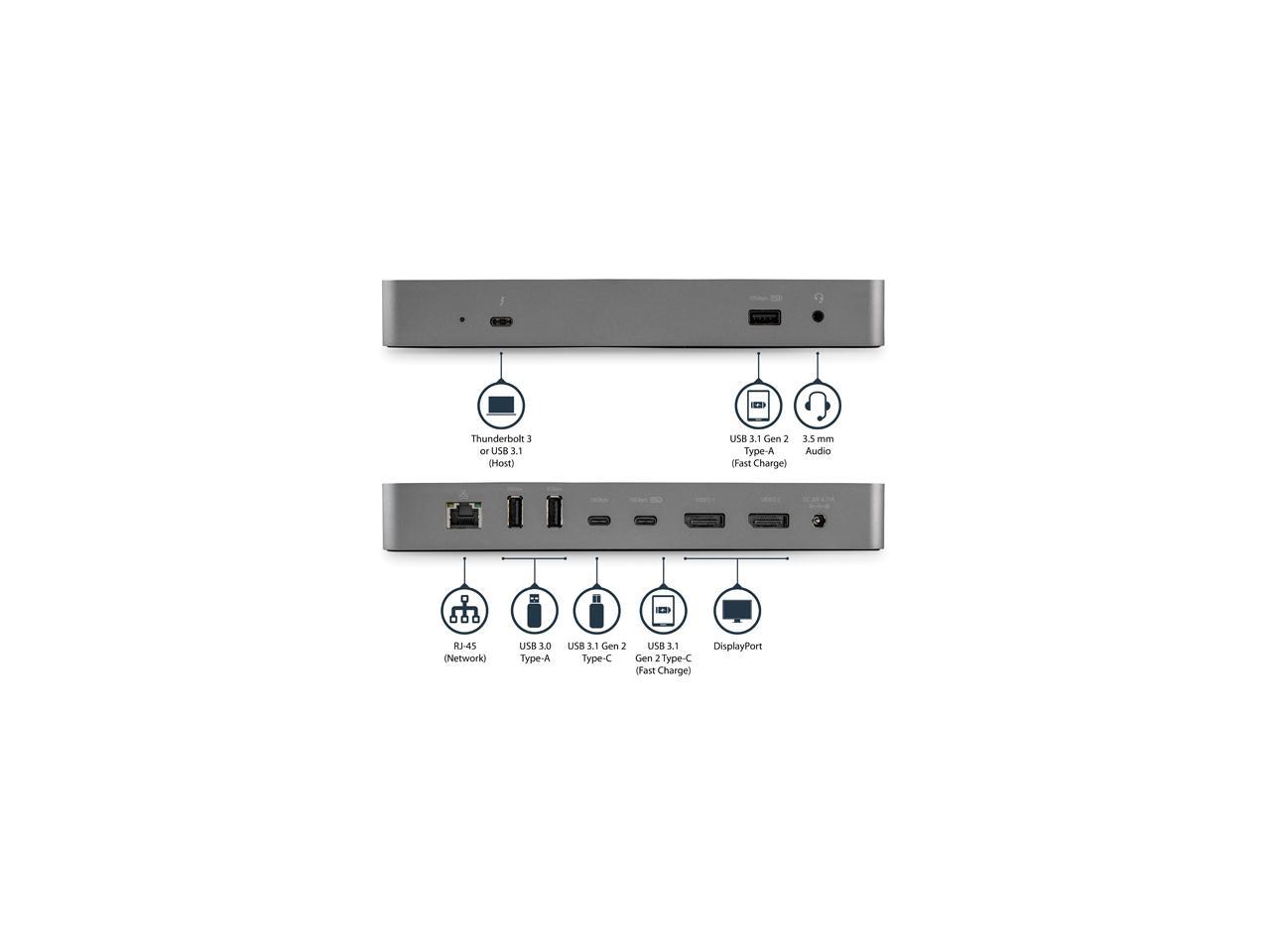 StarTech.com Universal Thunderbolt 3 or USB-C Host Docking Station - Dual Monitor 4K DisplayPort - 60W Power Delivery - TB3 / USB 3.1 Gen 2 Type-C Dock - Mac & Windows (TB3CDK2DP)