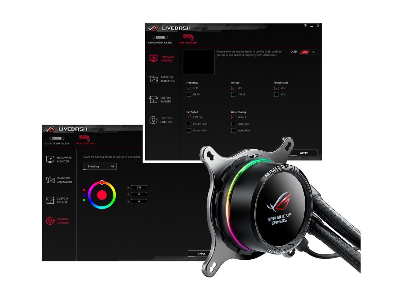 ASUS ROG Ryuo 240 RGB AIO Liquid CPU Cooler 240mm Radiator (Dual 120mm 4-pin PWM Fans) with LIVEDASH OLED Panel and FanXpert Controls, 90RC0040-M0AAY0