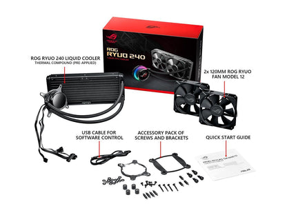 ASUS ROG Ryuo 240 RGB AIO Liquid CPU Cooler 240mm Radiator (Dual 120mm 4-pin PWM Fans) with LIVEDASH OLED Panel and FanXpert Controls, 90RC0040-M0AAY0