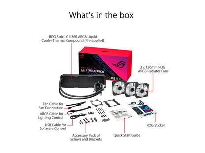 ASUS ROG Strix LC II 360 ARGB All-in-one AIO Liquid CPU Cooler 360mm Radiator, Intel LGA1700, 115x/2066 and AMD AM4/TR4 Support, Triple 120mm 4-pin PWM Addressable RGB Radiator Fans