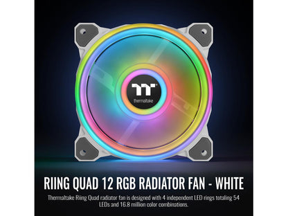 Thermaltake Riing Quad 120mm 16.8 Million RGB Color (Alexa, Razer Chroma) Software Enabled 4 Light Rings 54 Addressable LED 9 Blades Hydraulic Bearing White Case/Radiator Fan, Single Pack, CL-F100-PL12SW-C