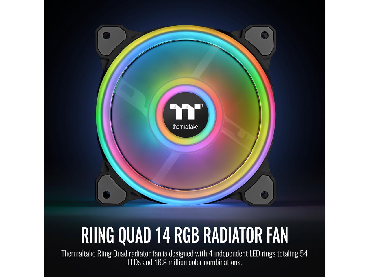 Thermaltake Riing Quad 140mm 16.8 Million RGB Color (Alexa, Razer Chroma) Software Enabled 4 Light Rings 54 Addressable LED 9 Blades Hydraulic Bearing Case/Radiator Fan, Single Pack, CL-F089-PL14SW-C