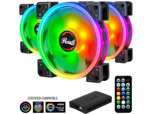 Rosewill RGBF-S12003 (3-Pack) 120mm Addressable RGB Fans and 8-Port Hub Set, Dual Ring True RGB LED, Ultra Quiet Cooling with Long Life Rifle Bearings