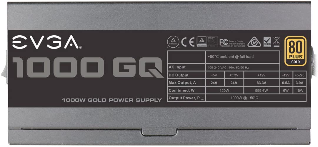 EVGA 1000GQ 210-GQ-1000-V1 GQ 80 Plus Gold, 1000W ECO Mode Semi Modular Power Supply