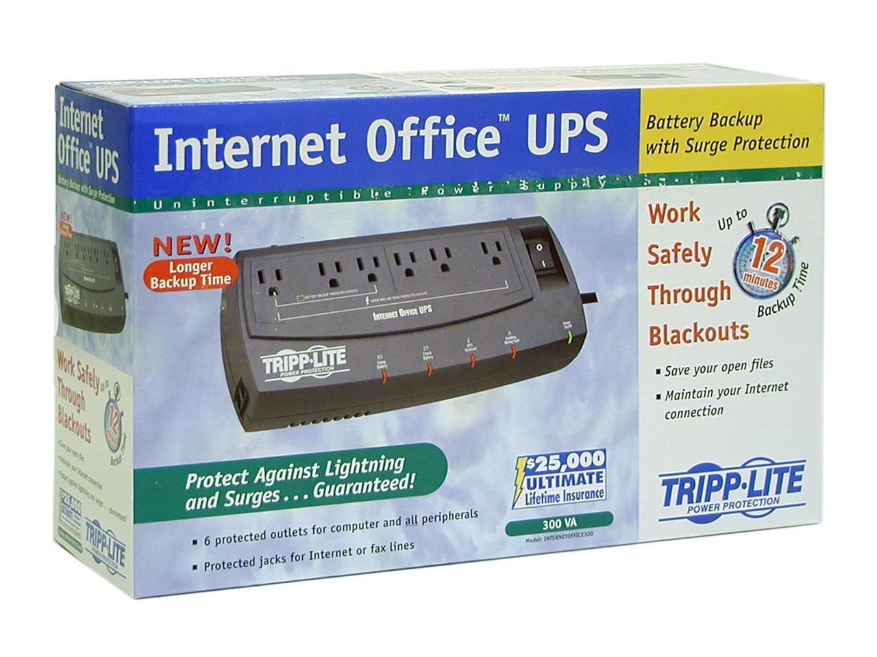 Tripp Lite 300 VA Standby UPS Back Up, 120V 150 Watts Ultra-Compact Desktop 6 Outlets, Tel / DSL / Ethernet Protection, TAA (INTERNETOFFICE300)