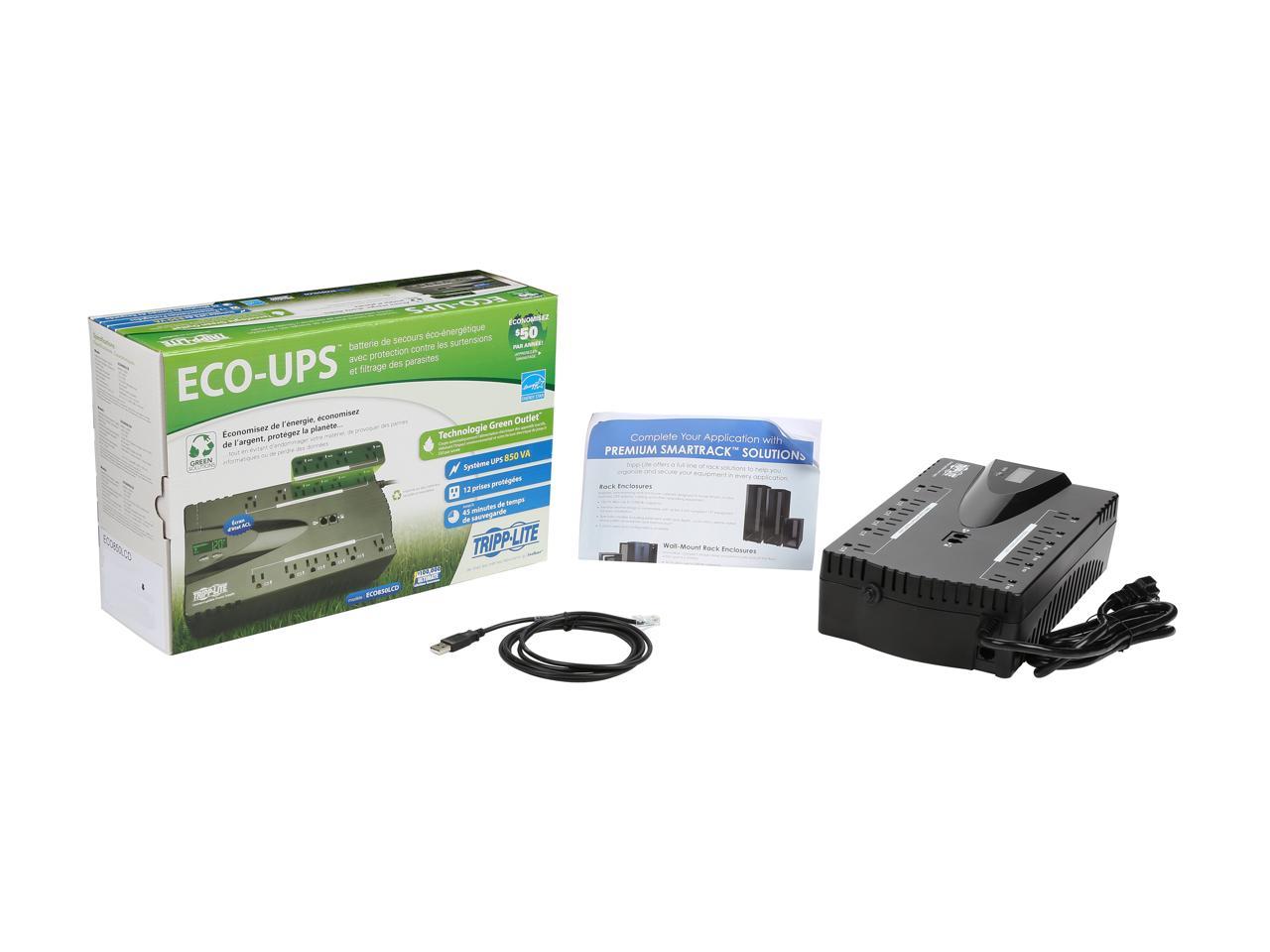 Tripp Lite 850 VA UPS Battery Backup, LCD, 425 Watts Eco Green, USB, RJ11, 12 Outlets (ECO850LCD)