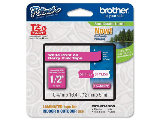 Brother TZEMQP35 12 mm (0.47") White on Berry Pink tape for P-touch 5 m (16.40 ft.)