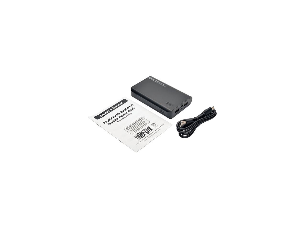 Tripp Lite Black 10000 mAh Portable Dual-Port Mobile Power Bank USB Battery Charger with LED Flashlight UPB-10K0-2U