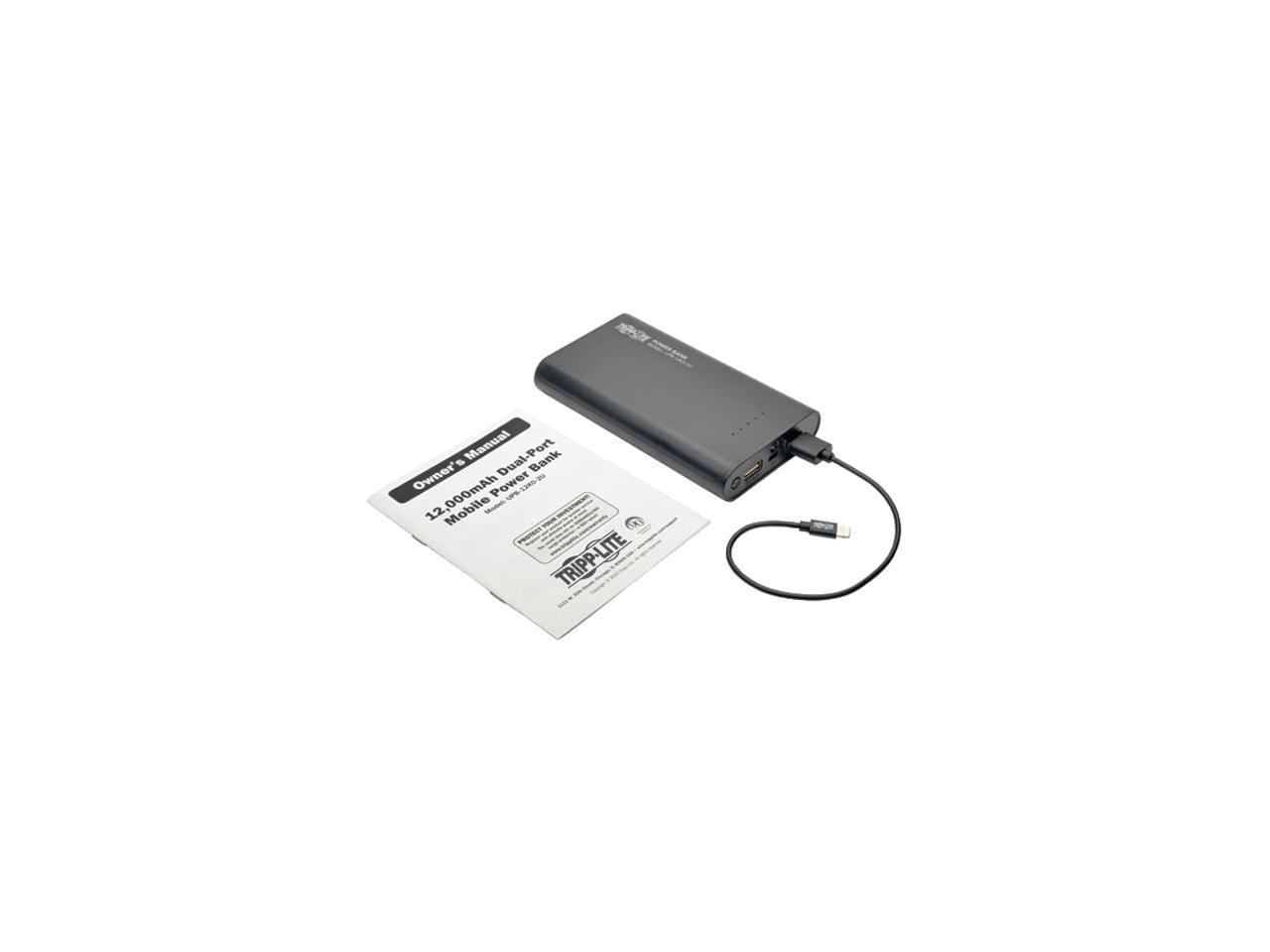 Tripp Lite Black 12000 mAh Portable Dual-Port Mobile Power Bank USB Battery Charger with LED Flashlight UPB-12K0-2U