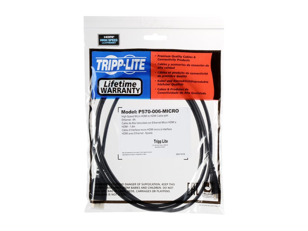 Tripp Lite P570-006-MICRO 6 ft. Black HDMI to Micro HDMI High Speed w/Ethernet Video / Audio cable Male to Male
