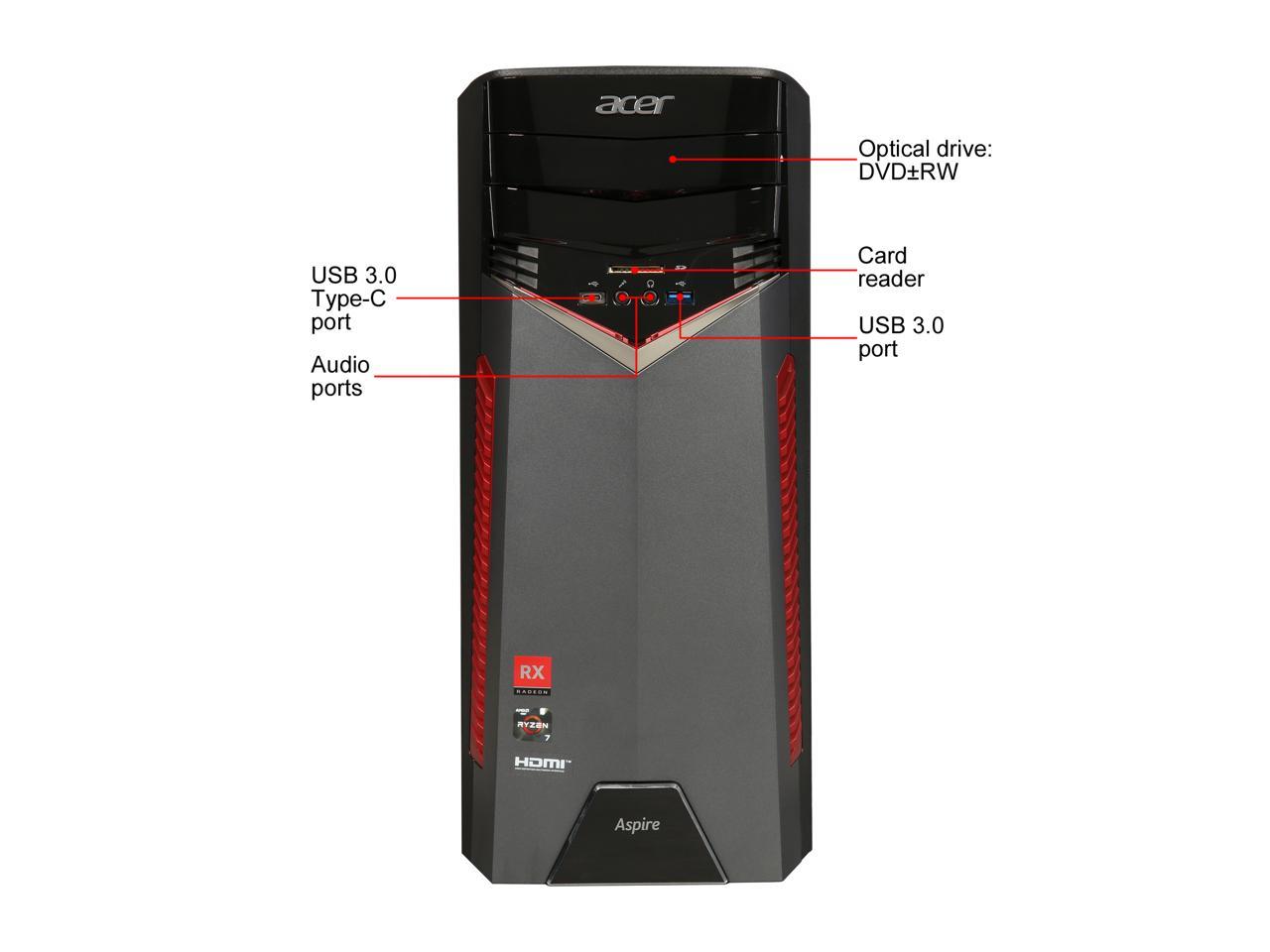 Acer Desktop Computer Aspire GX-281-UR13 Ryzen 7 1700X (3.40 GHz) 16 GB DDR4 1 TB HDD 256 GB SSD AMD Radeon RX 480 Windows 10 Home 64-Bit