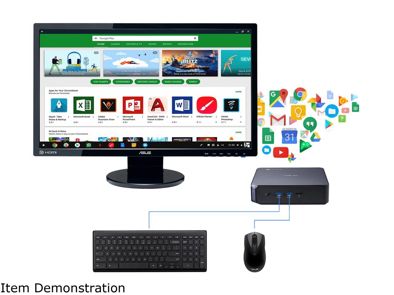 ASUS Celeron Chromebox w/ 24" FHD Monitor Essential Desktop with Chrome OS Keyboard Mouse for Homeschooling