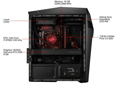 ROG Strix GL12 Gaming Desktop, 9th Gen 8-core Intel Core i7-9700K, NVIDIA GeForce RTX 2080 8 GB, 16 GB DDR4 RAM, 1 TB M.2 SSD, Windows 10 Home, Iron Grey, GL12CX-NS781