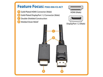 Tripp Lite DisplayPort 1.2 to HD Active Adapter Cable, DP with Latches to HDMI (M/M), UHD 4K x 2K/1080p, 6 ft. (P582-006-V2-ACT)
