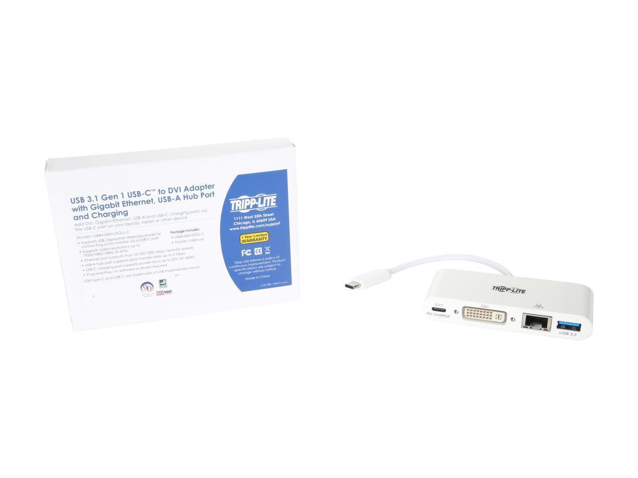 Tripp Lite USB C to DVI Multiport Video Adapter Converter w/ USB-A Hub, USB-C PD Charging, Gigabit Ethernet Port , Thunderbolt 3 Compatible