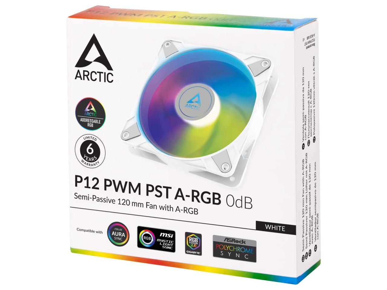 ARCTIC P12 PWM PST A-RGB 0dB - Case Fan, 120 mm PWM case Fan Optimized for Static Pressure, Semi-Passive: 0-2000 RPM, 5V 3 pin ARGB LED, Single Fan - White