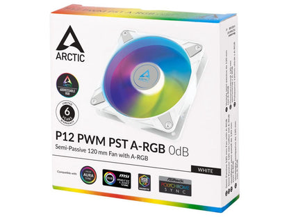 ARCTIC P12 PWM PST A-RGB 0dB - Case Fan, 120 mm PWM case Fan Optimized for Static Pressure, Semi-Passive: 0-2000 RPM, 5V 3 pin ARGB LED, Single Fan - White